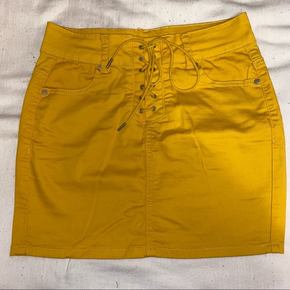 Yellow Lace Up Denim Mini Skirt - Picture 1 of 3